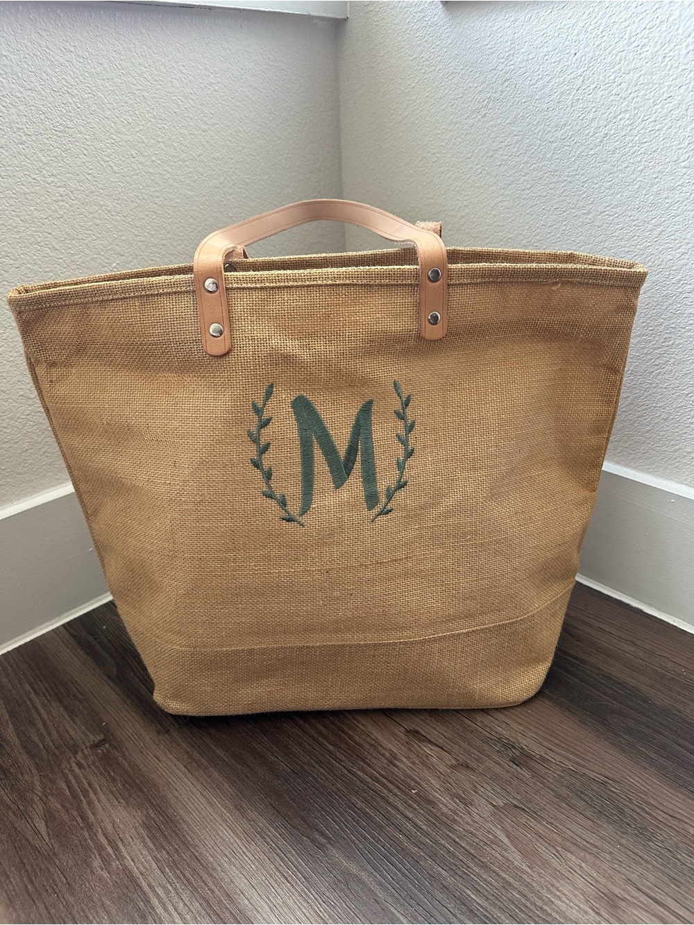 Burlap Tote Bag with Leather Handles and Green “M” Embroidered Monogram